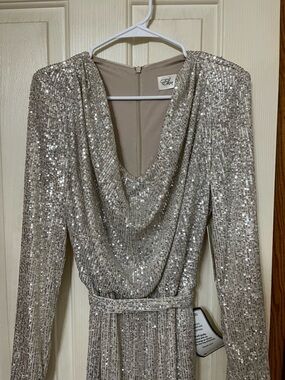 Eliza J Silver Sequin Cowl Neck Jumpsuit. NWT. Size 8